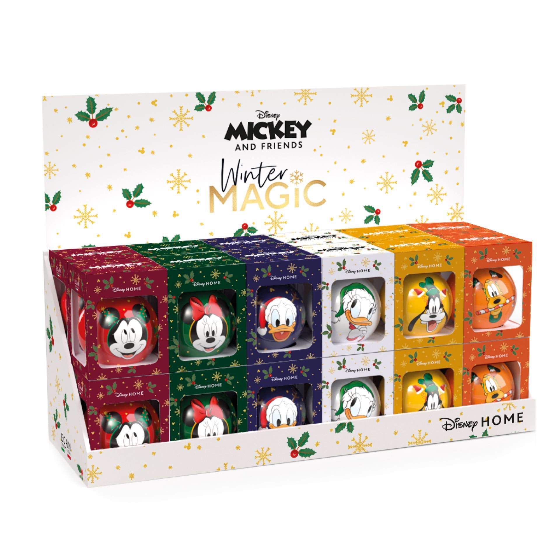 Rode Mickey Mouse kerstversiering met groene strikjes en gouden details, hangend aan een zwart-wit gestreept lint.