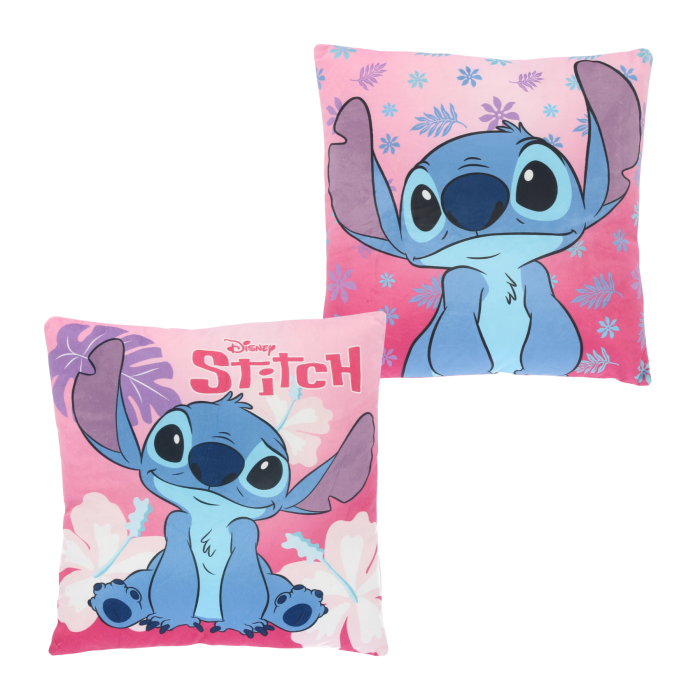 Twee roze Stitch-sierkussens. Op het ene kussen staat Stitch afgebeeld tegen een bloemenachtergrond; op het andere kijkt Stitch omhoog.