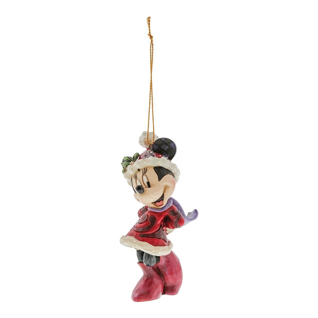 Kerstornament van Minnie Mouse in een rode outfit en hoed.