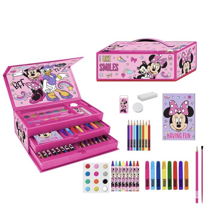 Roze Minnie Mouse tekenset: etui met benodigdheden zoals kleurpotloden, stiften en gummen.