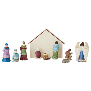 Kerststal met figuren: Maria, Jozef, het kindje Jezus, engelen en de wijzen. Met blauwe, witte en gouden accenten.