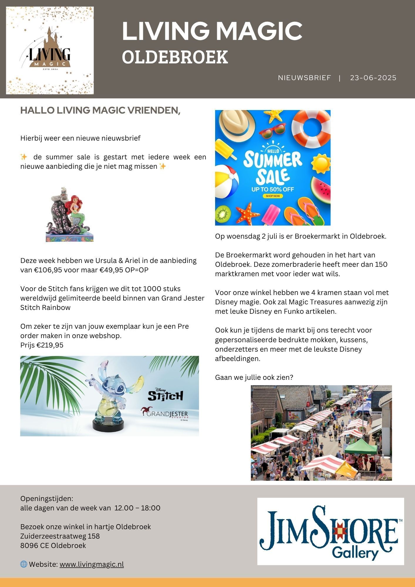 Living Magic Oldebbook: Advertentie voor de zomeruitverkoop met productfoto's en een beeld van een straatmarkt.