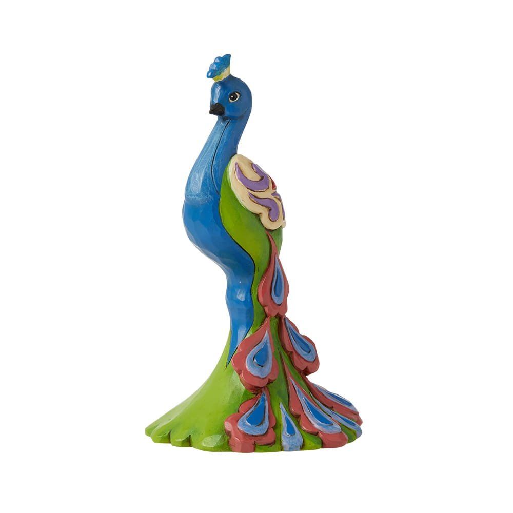 Kleurrijk, decoratief pauwenbeeldje met blauwe, groene en roze accenten.