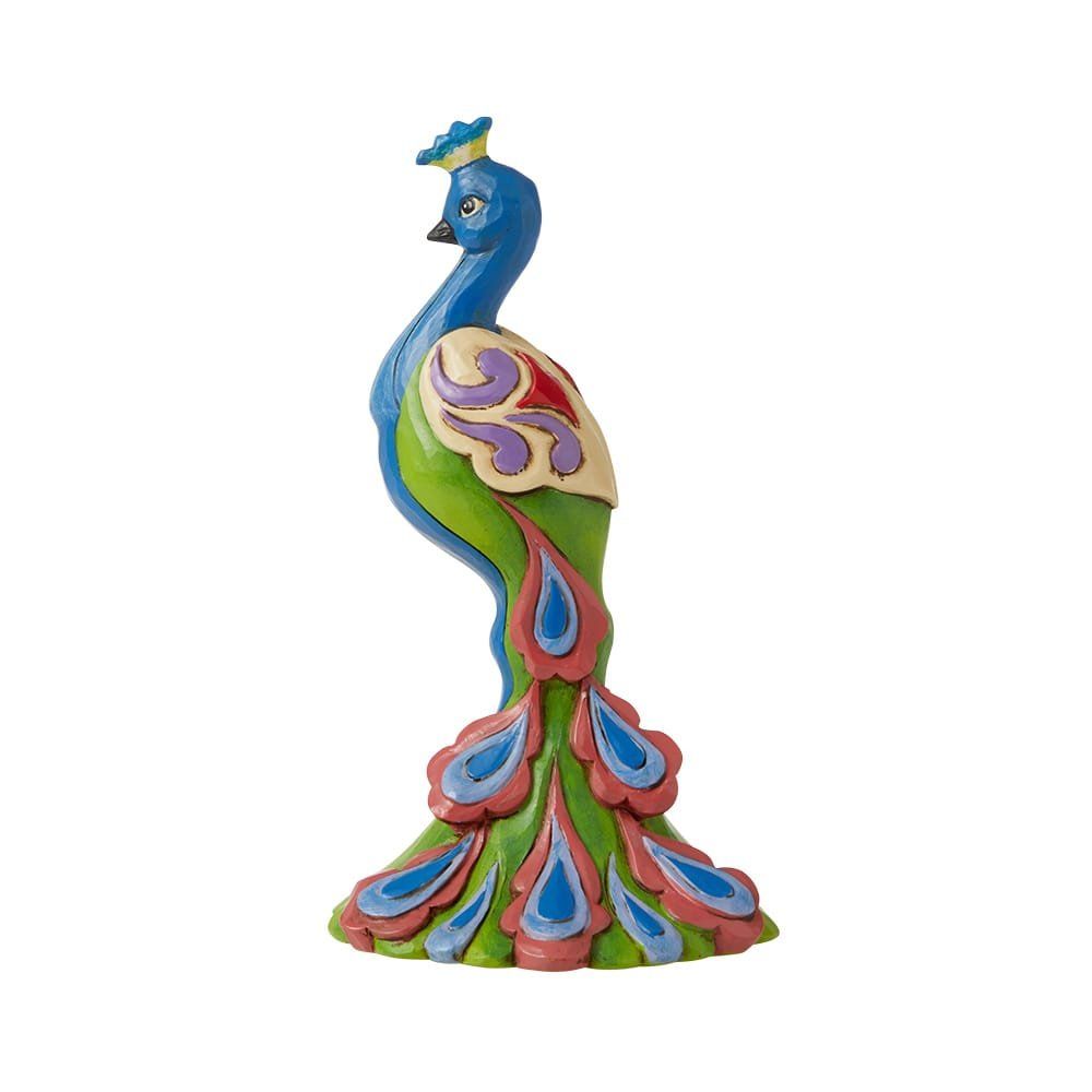 Kleurrijk, decoratief pauwenbeeldje met blauwe, groene en roze accenten.