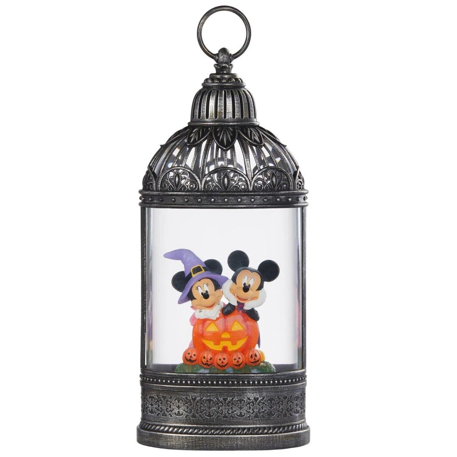 Een lantaarn met Halloween-thema, met Mickey en Minnie Mouse bovenop een pompoen.