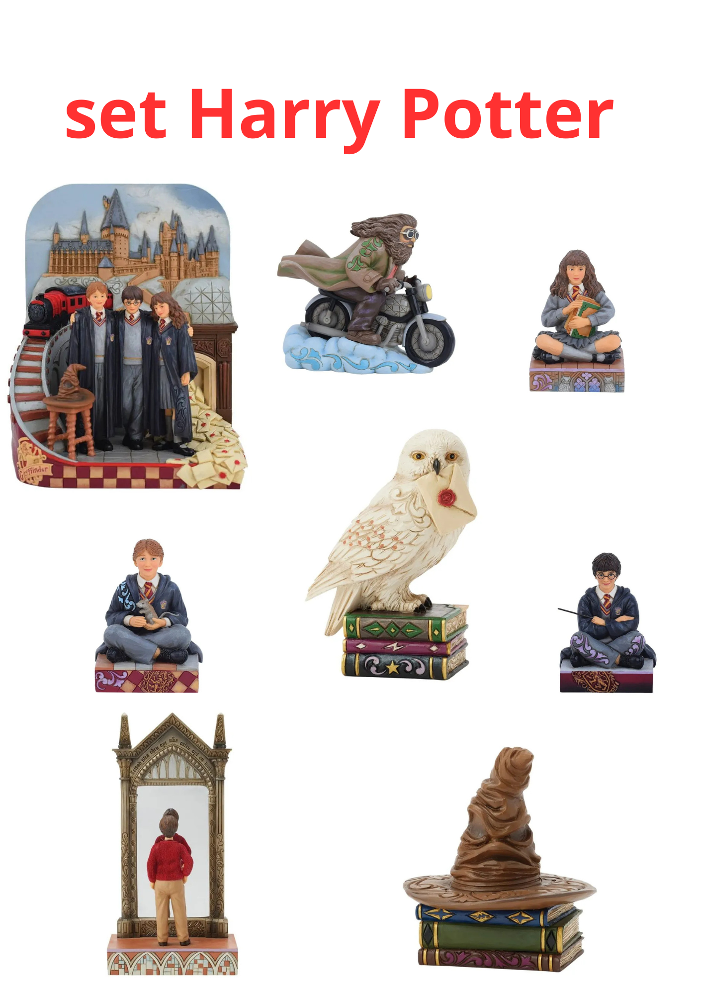 Set Harry Potter-beeldjes. Afgebeelde personages en scènes: Zweinstein, uil, Sorteerhoed.