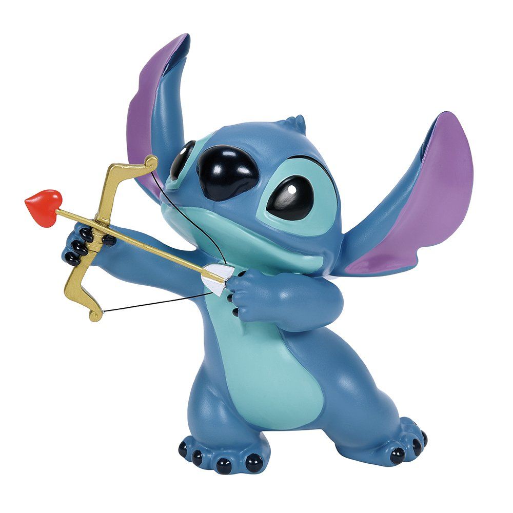 Een Stitch-figuurtje in blauwe en turquoise kleuren, met een gouden boog en een pijl met een hartvormig uiteinde.