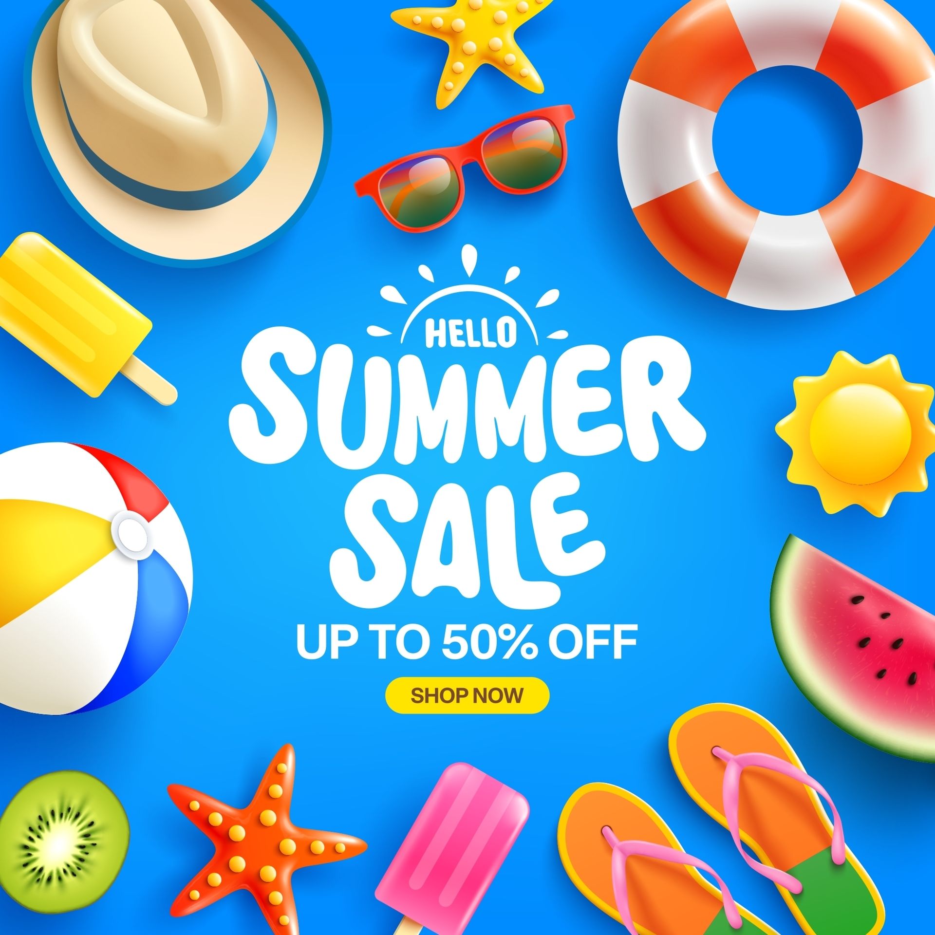 Banner voor de zomeruitverkoop met strandartikelen op een blauwe achtergrond.