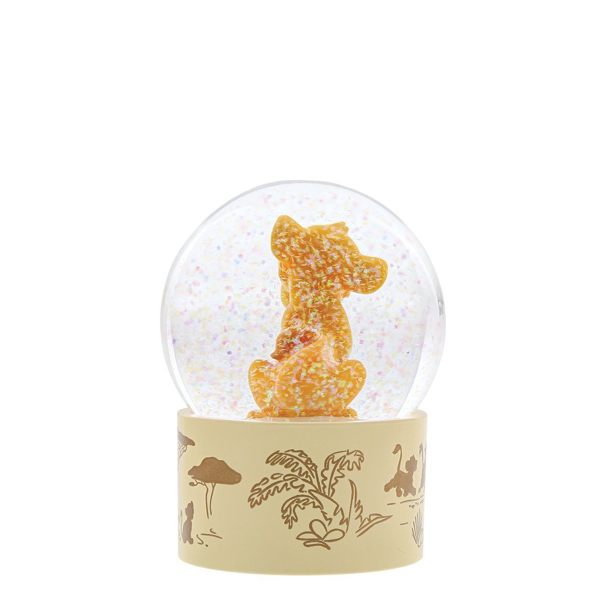 Sneeuwbol met Simba uit The Lion King. Simba-figuurtje erin, bedekt met glitter. Op de voet is het silhouet van Pride Rock te zien.