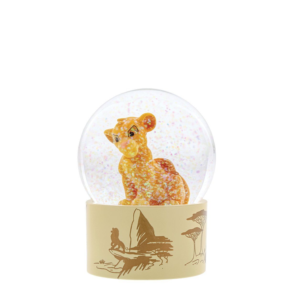 Sneeuwbol met Simba uit The Lion King. Simba-figuurtje erin, bedekt met glitter. Op de voet is het silhouet van Pride Rock te zien.