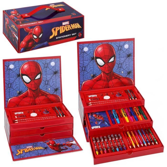 Spider-Man tekenset: rode doos met tekenbenodigdheden, Spider-Man afbeelding aan de binnen- en buitenkant; open te maken om de inhoud te tonen.