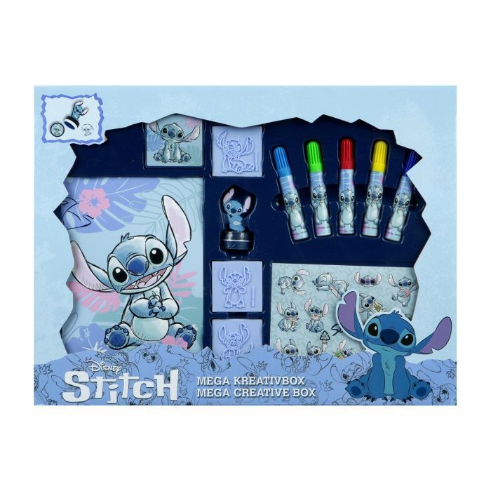 Lilo & Stitch Mega Creatieve Box. Bevat Stitch-tekenbenodigdheden, sjablonen, stiften en tekeningen in een blauwe doos.
