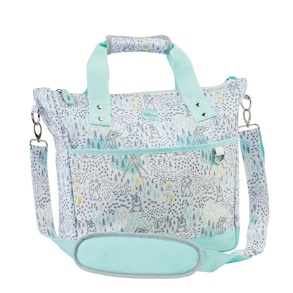 Draagtas met een lichtblauwe en witte bosprint, turquoise accenten en draaghengsels.