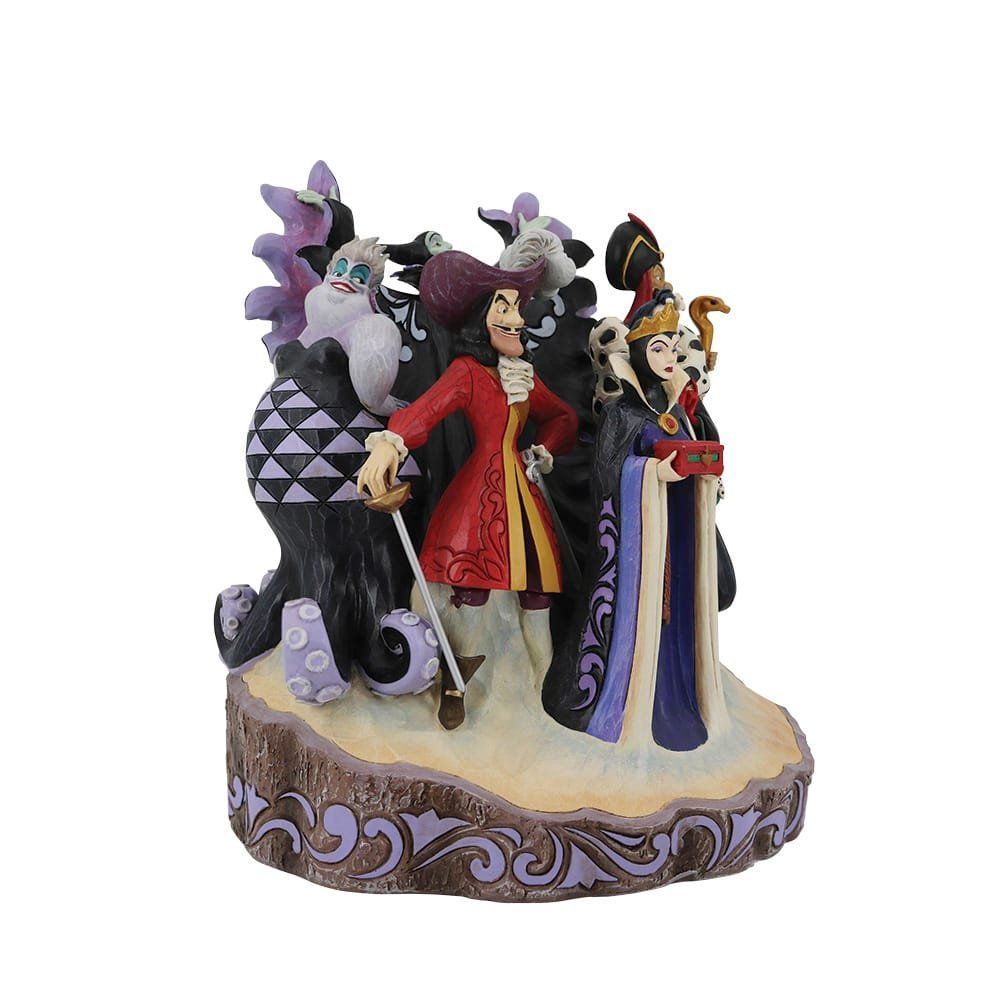 Disney-schurkenbeeldjes: Ursula, Kapitein Haak en de Boze Koningin staan op een decoratieve sokkel.