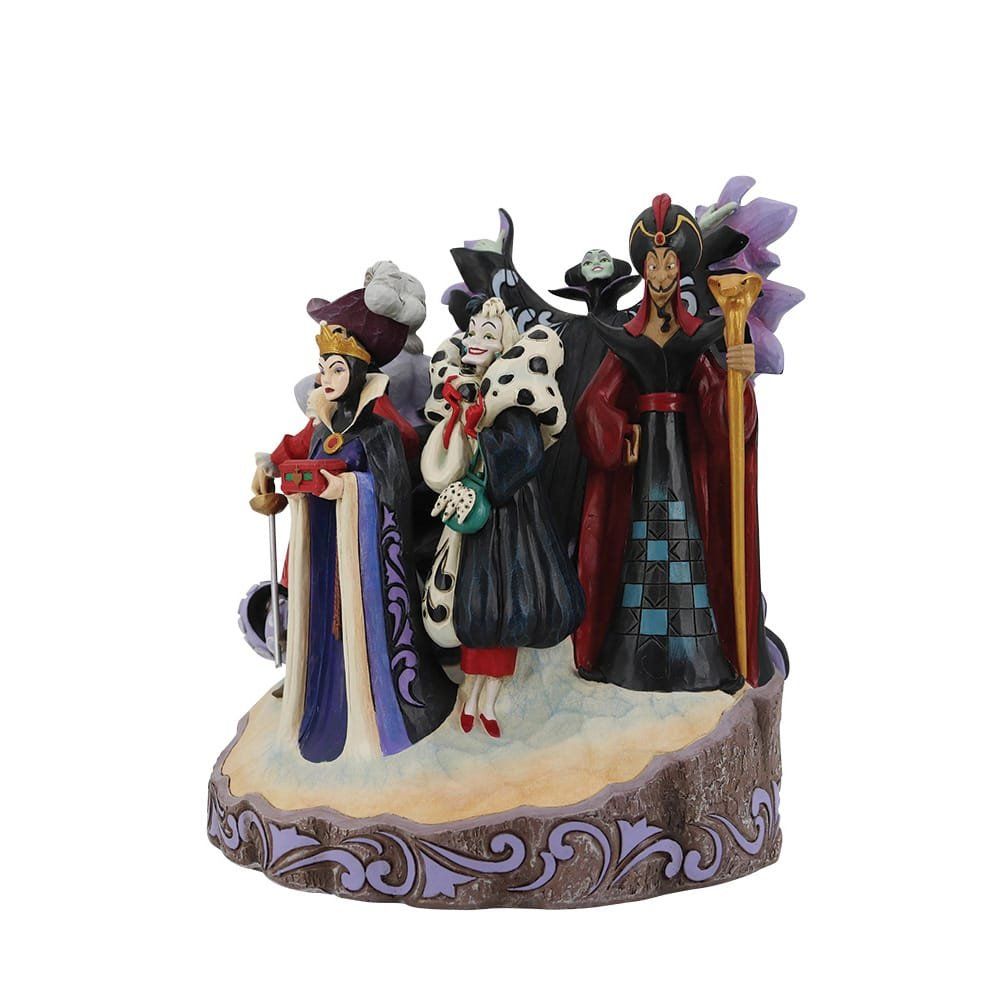 Disney-schurkenfiguurtjes: de Boze Koningin, Cruella, Maleficent en anderen op een decoratieve sokkel.