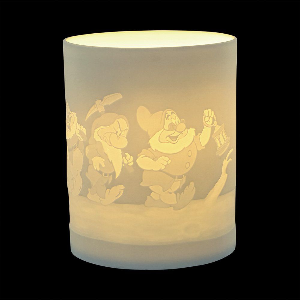 Witte cilindrische lamp met geëtste afbeelding van de Zeven Dwergen.