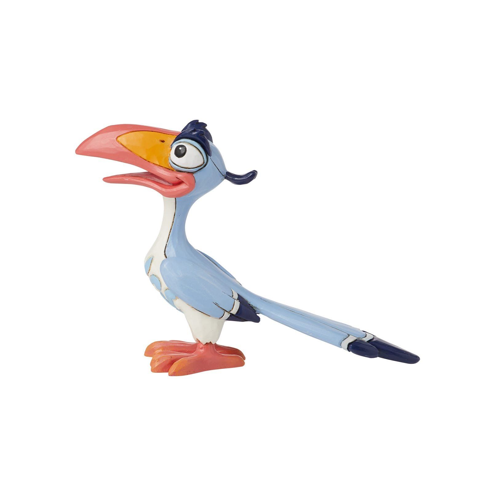 Zazu-figuurtje uit De Leeuwenkoning, een blauwe vogel met een roze snavel en oranje poten.