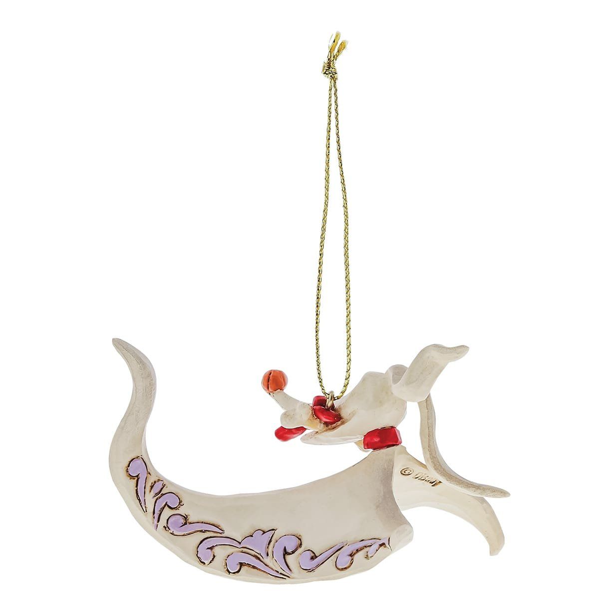 Kerstornament Zero, ivoren hond met lange oren, oranje neus, rode halsband, gouden koord.