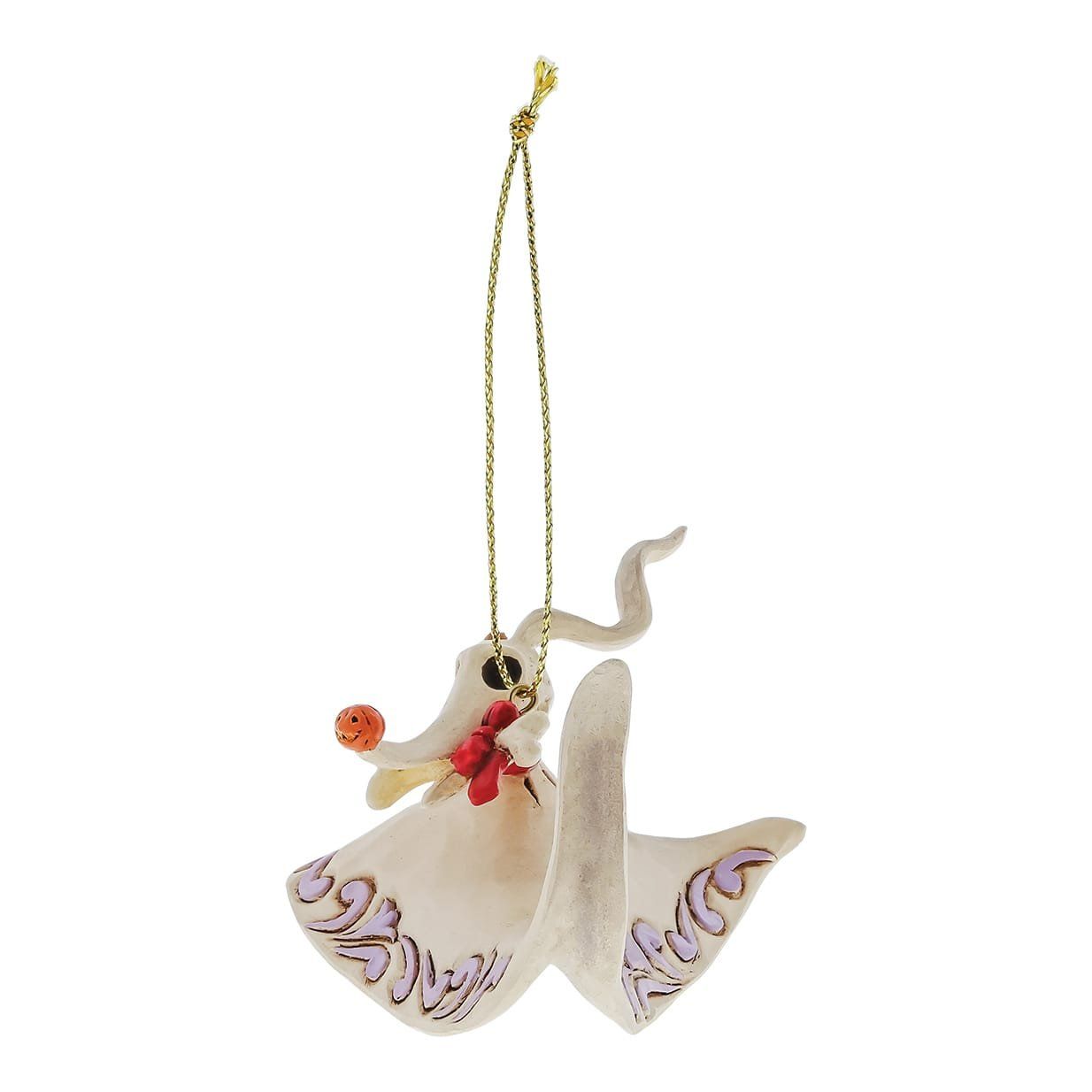 Kerstornament Zero met gouden koord en witte, rode en lavendelkleurige details.