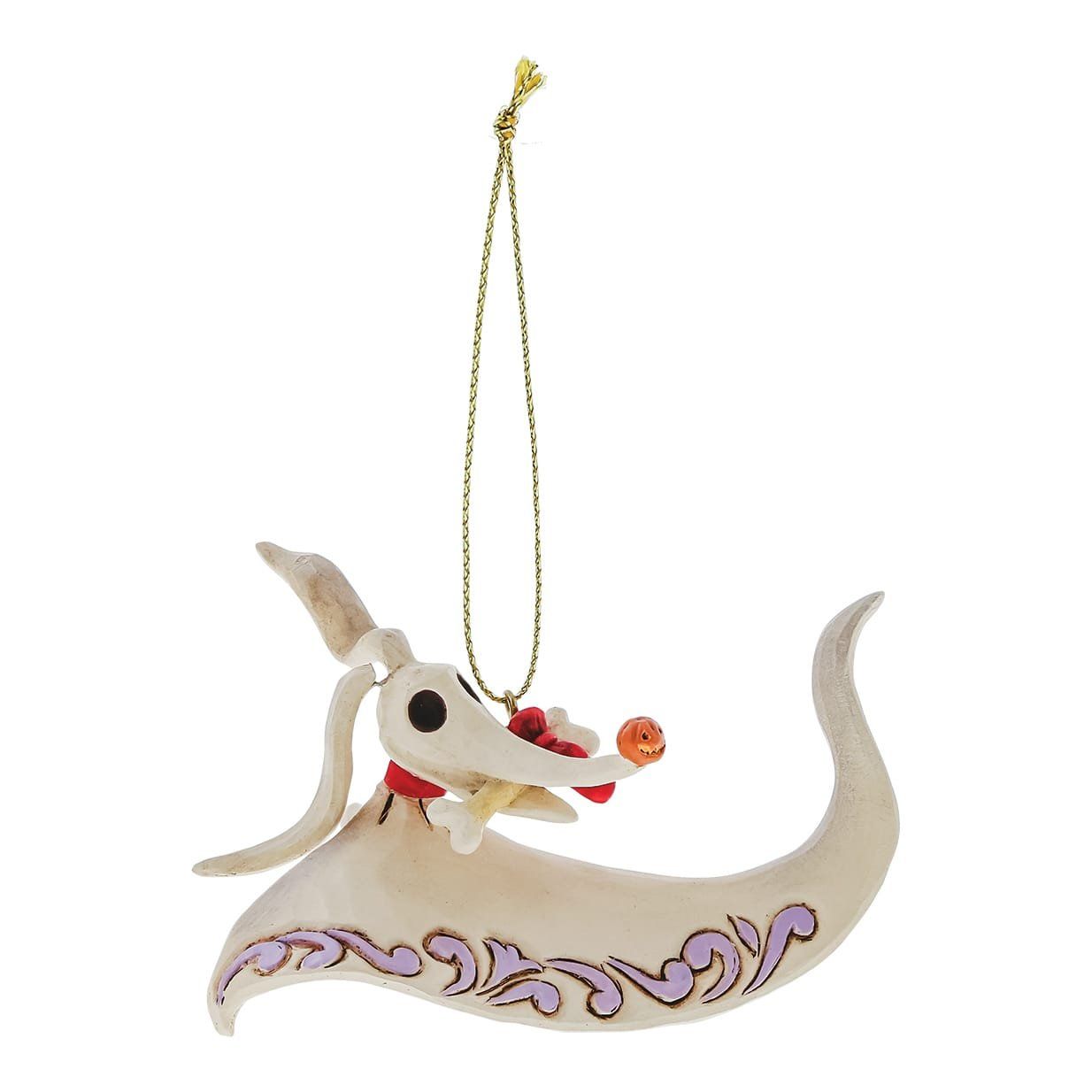 Kerstornament Zero, ivoren hond met lange oren, oranje neus, rode halsband, gouden koord.