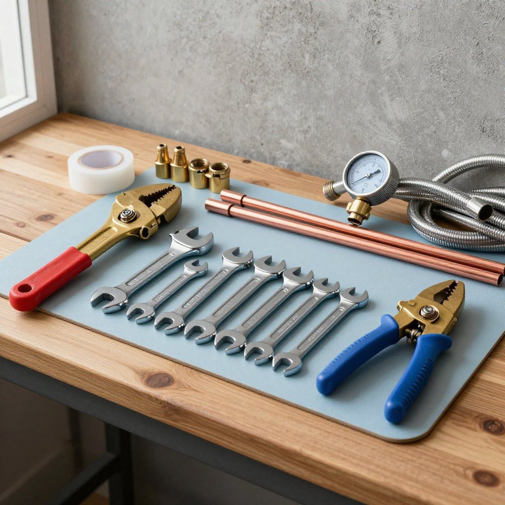 Tools for plumbing repair on a wooden table: wrenches, pliers, copper pipes, pressure gauge, tape, and fittings.