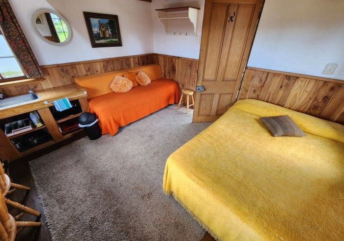 Small cabin interior with orange couch, yellow bed, wooden paneling, and a rug.
