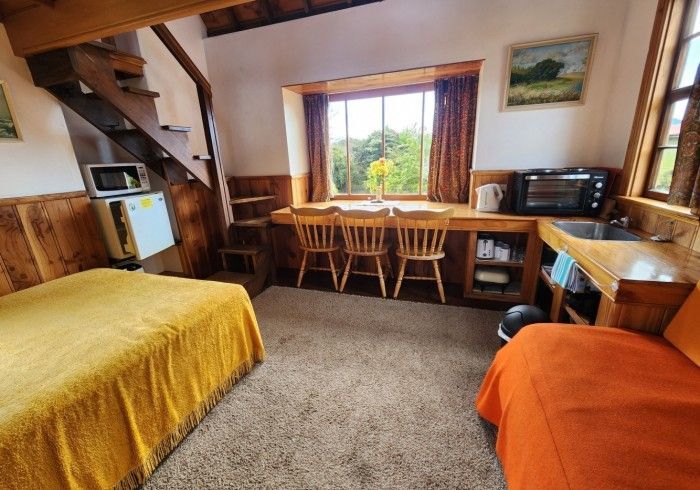 Cozy studio apartment with bed, small kitchen, desk, stairs, and a window overlooking greenery.