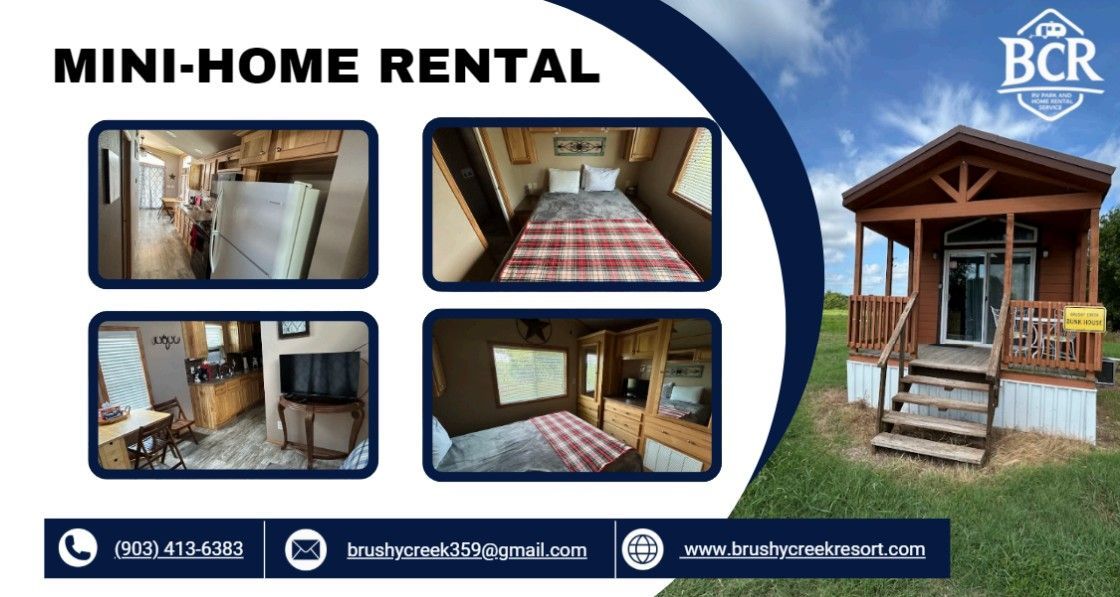Mini-home rental advertisement. Features interior photos and exterior view of a small cabin. Blue and white design, contact info at the bottom.
