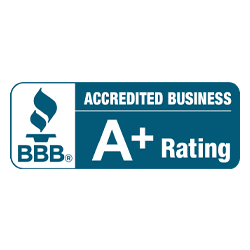 BBB Accredited Business A+ Rating logo in blue and white