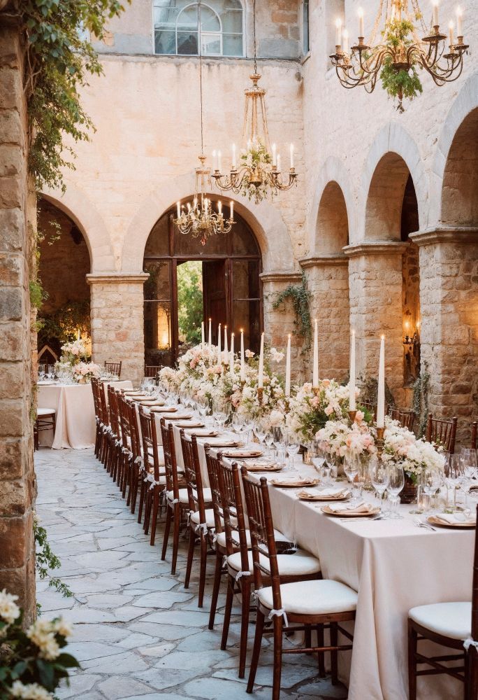 Luxury destination wedding dinner with elegant floral design and candlelight atmosphere