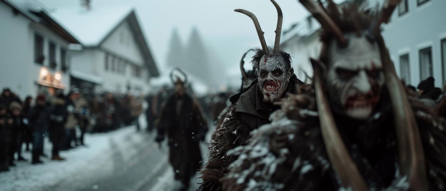 Krampus procession in a snowy town. Masked figures with horns and fur costumes move down a street.