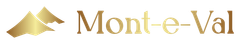 Logo of Monte-e-Val with golden mountains and text,