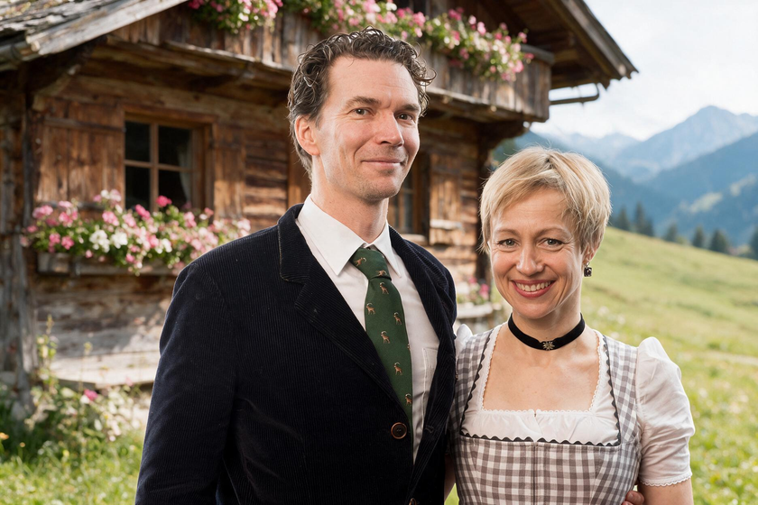 Two people standing against a white background, one in a dark suit and the other in a checkered dress, smiling.