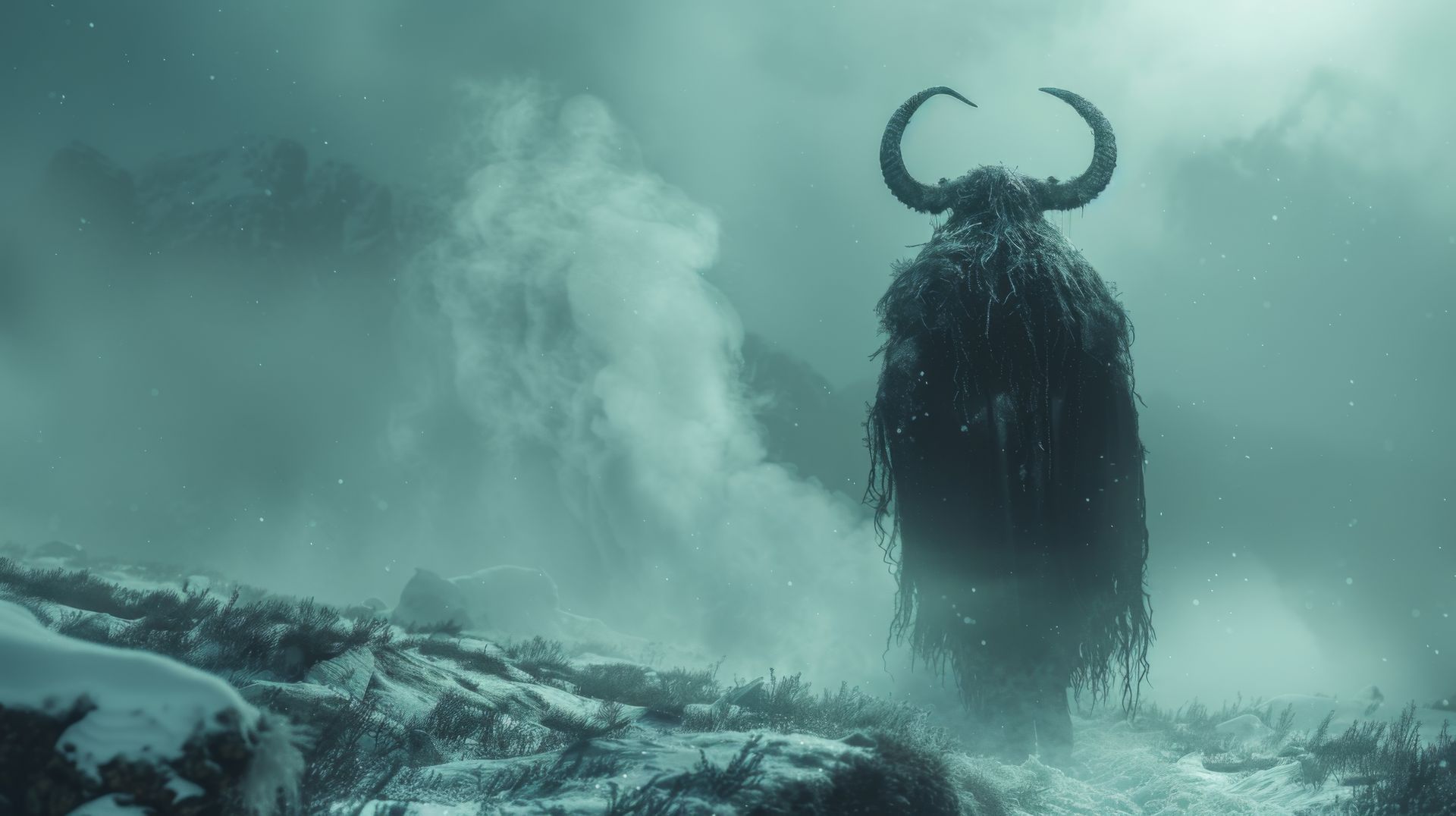 A tall, furry, horned creature stands in a snowy, foggy landscape.