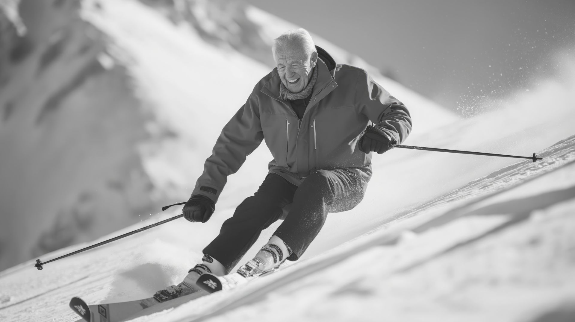 Man skiing downhill on a snowy mountain slope.