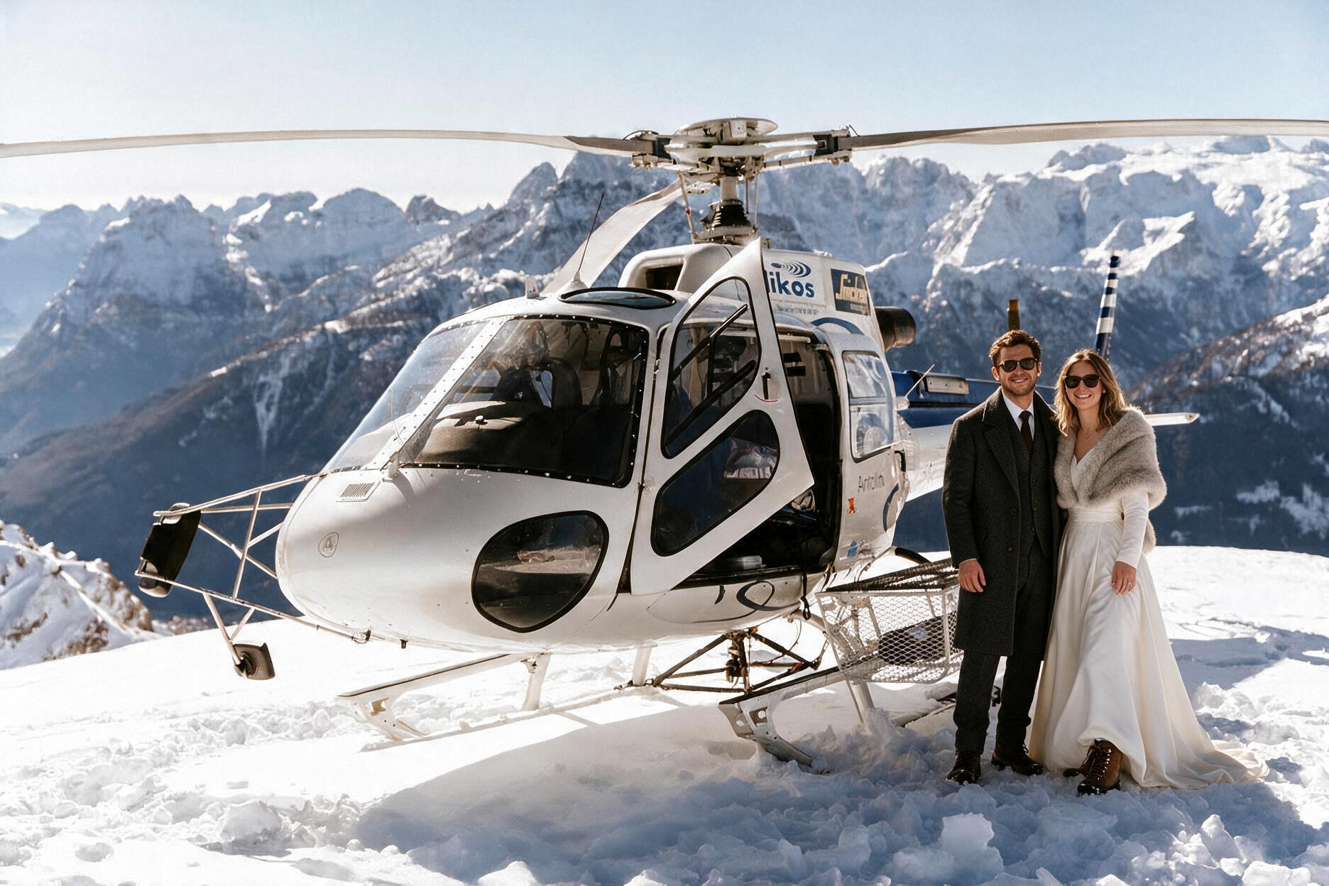 Couple kissing in wedding attire next to a helicopter on a snowy mountain peak.