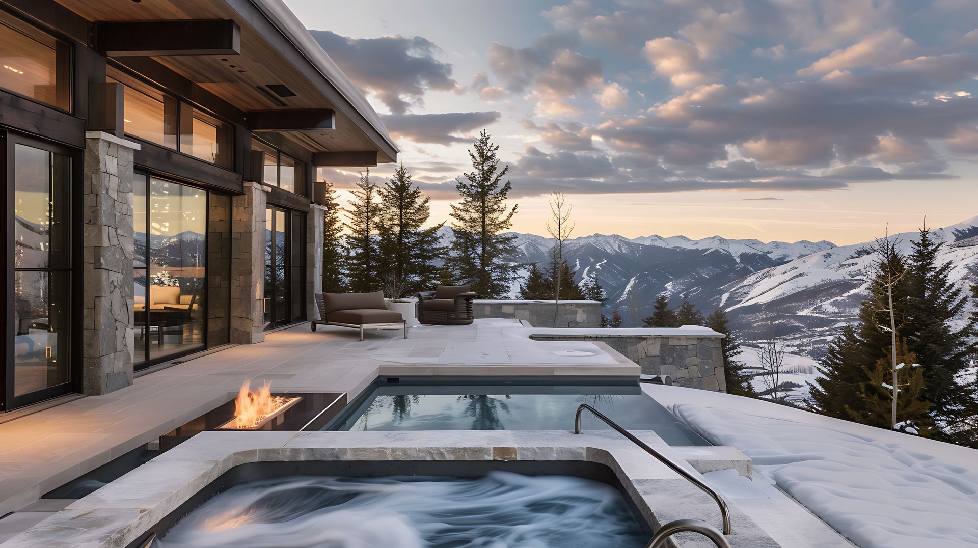 Patio with hot tub and pool overlooking snow-covered mountains at sunset.