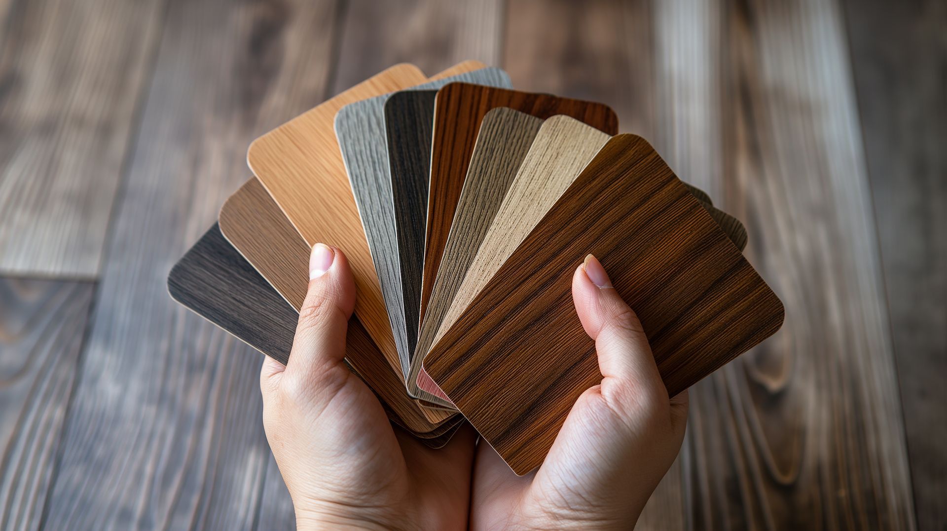 Hands holding a fan of wood flooring samples on a rustic wooden surface Hands holding a fan of wood flooring samples on a rustic wooden surface