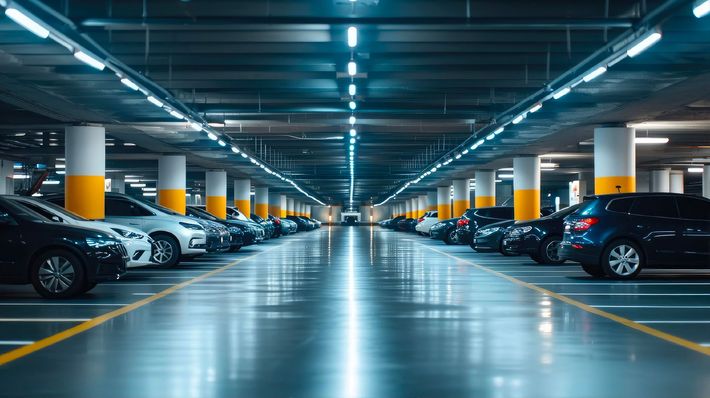 Parking souterrain vide avec des rangées de voitures garées et des lumières vives au plafond