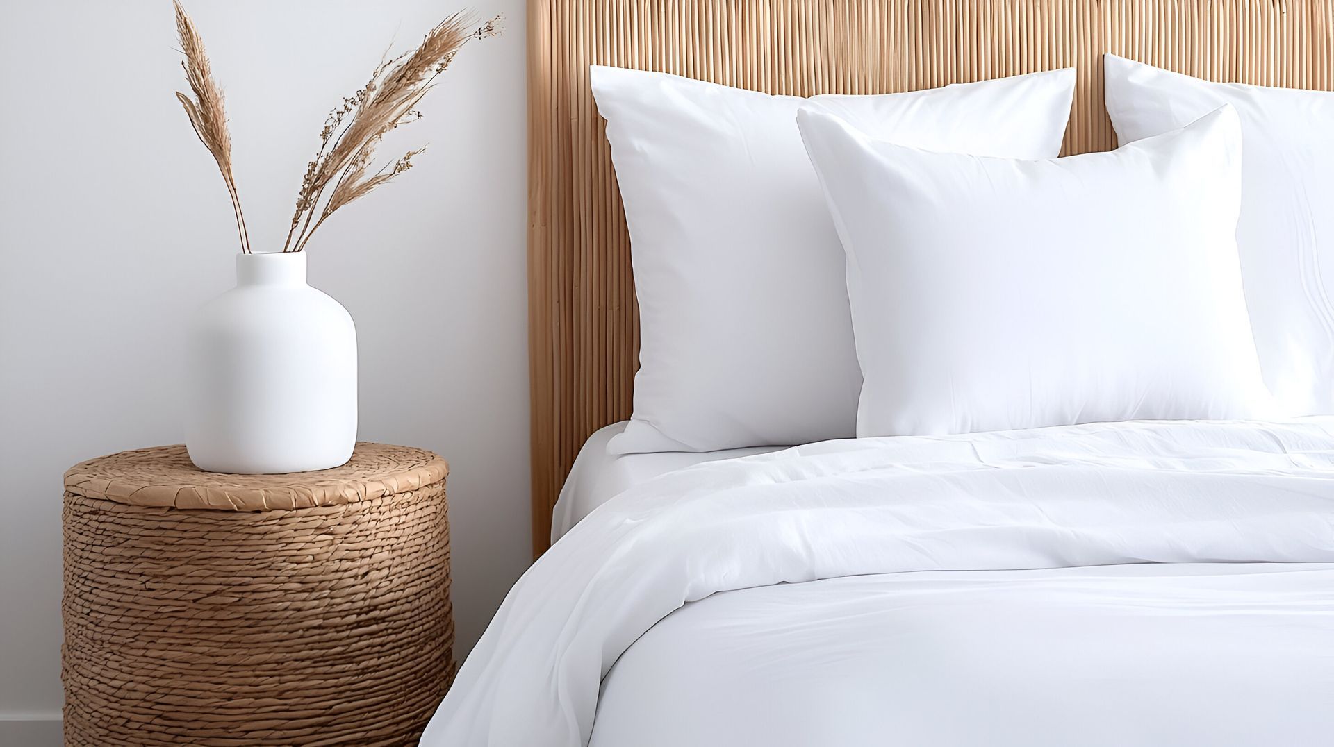 White bedding on a bed with a woven wood headboard. A white vase with dried grasses sits on a wicker side table.