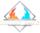 Bright Hvac logo with gray diamond, red and blue flames, and beige text on white background