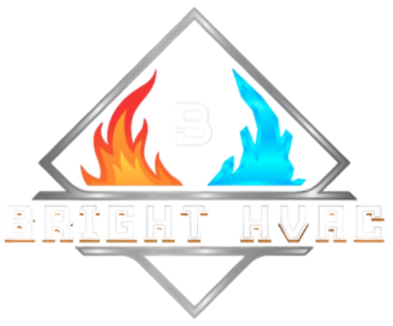 Bright Hvac logo with gray diamond, red and blue flames, and beige text on white background