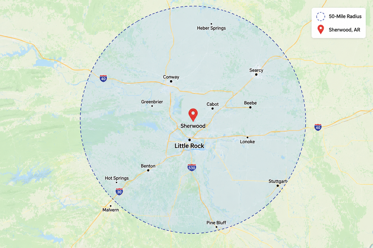 Map showing a central location with a blue radius circle and surrounding nearby places.