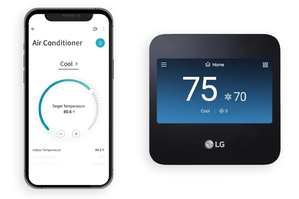 Smartphone and LG thermostat app screens showing air conditioner controls and temperature settings