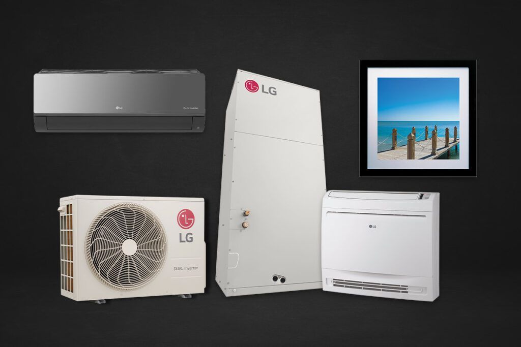 LG home appliances and air conditioners displayed on a dark background with one screen showing a beach scene