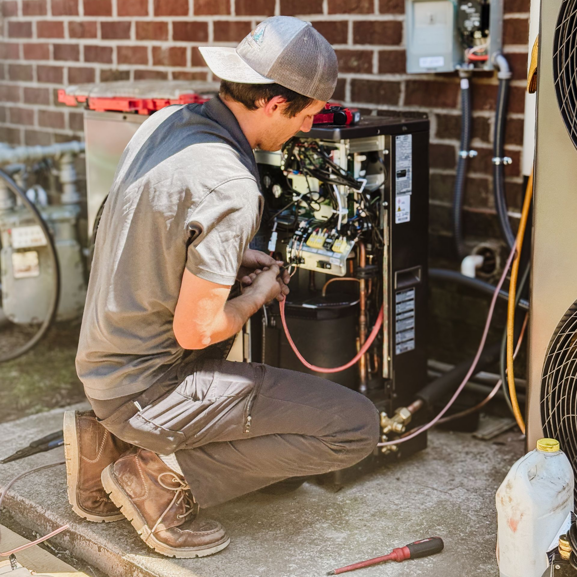 Technician kneeling beside an outdoor HVAC unit, inspecting wiring with tools on the ground.