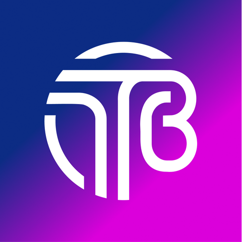 A white logo on a blue and purple background.
