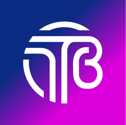 A white logo on a blue and purple background.