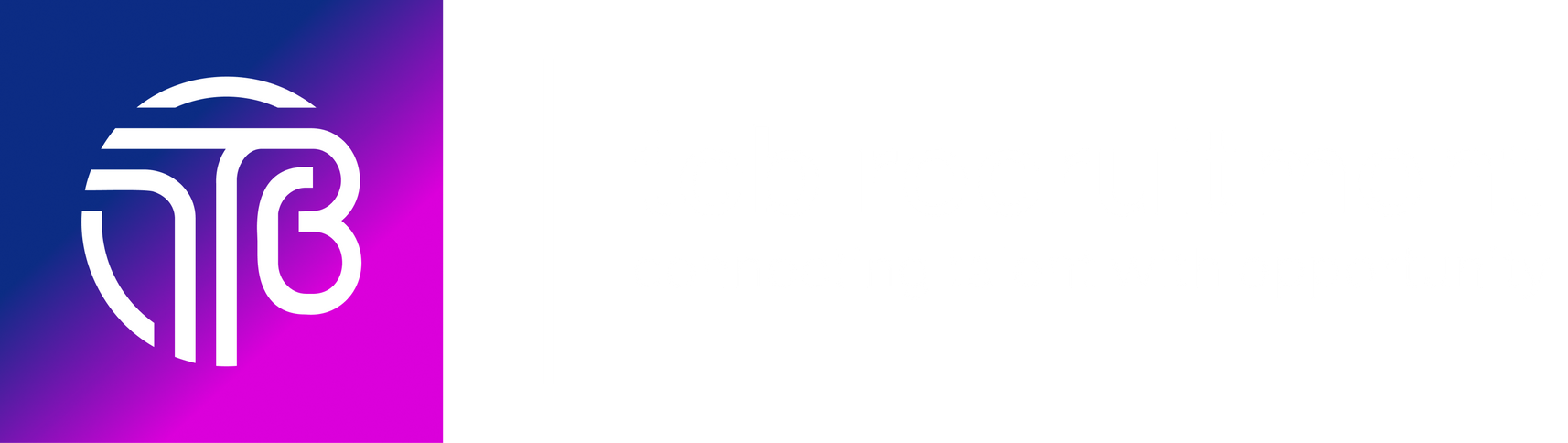 A white logo on a blue and purple background.