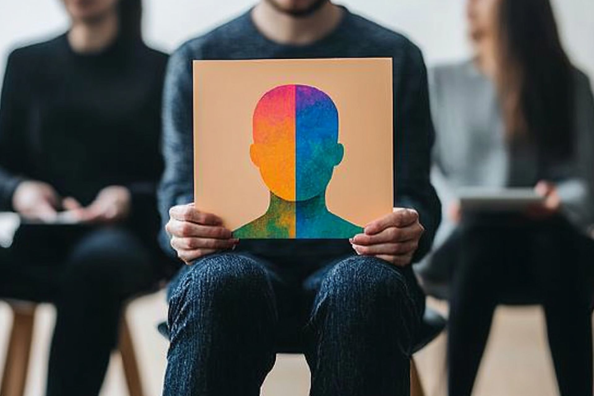 A man is holding a piece of paper with a drawing of a man 's face on it.